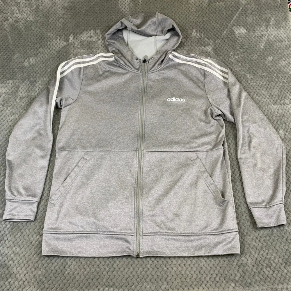 Adidas Climawarm Mens Large Grey Full Zip Hoodie Three Stripe FL6910 Sweatshirt